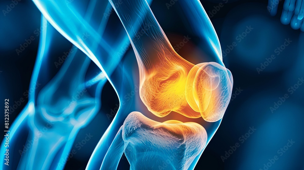 An X-ray blue of a knee with the knee joint highlighted in yellow ,MRI ...