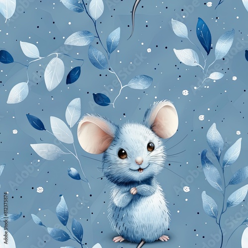 Adorable illustration of a blue mouse surrounded by whimsical silver leaves and dots on a soft blue background fibric pattern photo