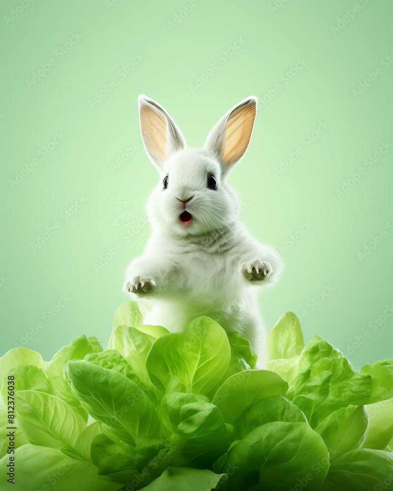 levitating rabbit surrounded with floating lettuce leaves, light ...