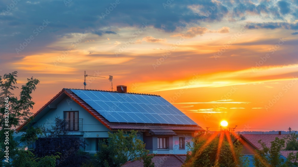 Solar panels on a residential roof at sunset, illustrating home energy savings Solar panels on a residential roof at sunset, illustrating home energy savings