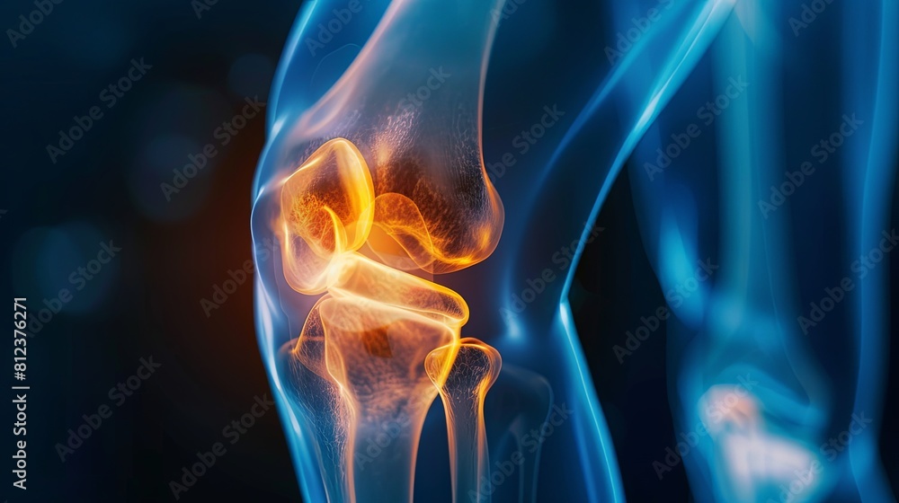 An X-ray blue of a knee with the knee joint highlighted in yellow ,MRI ...
