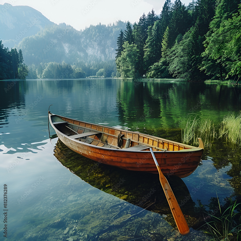 A boat on a lake with a beautiful sunrise background,Boat on lake with sunset reflection Slow Shutter captures Motion Blur and Soft Focus,generative ai
