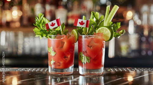 Tapety artystyczne Canada Day Cheers: Two Caesar Cocktails on Table