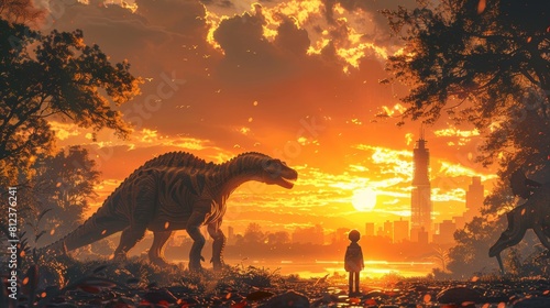 Fototapeta Naklejka Na Ścianę i Meble -  Sunset over a prehistoric cityscape with dinosaurs and silhouetted kid