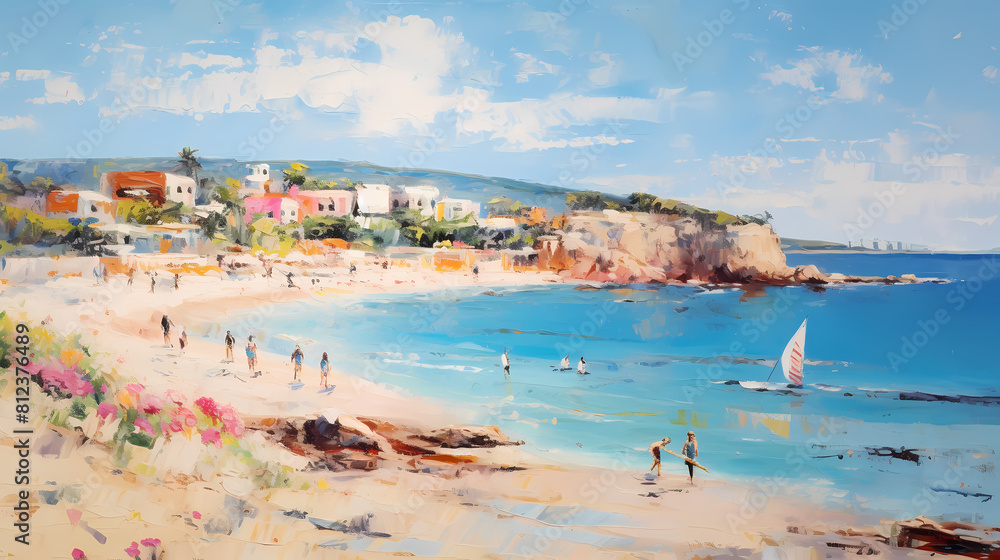beautiful Italian beach scene painte oil painting abstract decorative painting