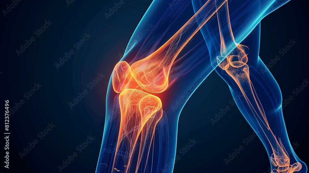 An X-ray blue of a knee with the knee joint highlighted in yellow ,MRI ...