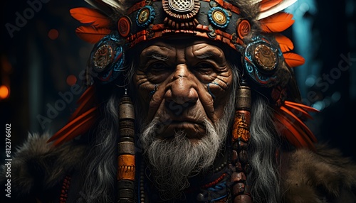 native american indian chief with colorful feather shaman mask, dark atmosphere, jungle background