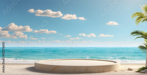 3D Podium design with Summer sea Beach background of tropical design product placement display