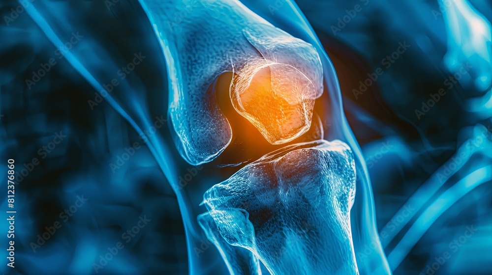 An X-ray blue of a knee with the knee joint highlighted in yellow ,MRI ...