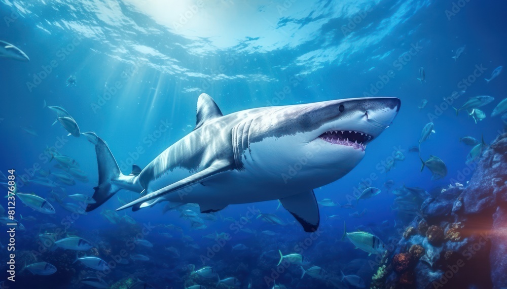 Fototapeta premium Great white shark in the ocean, portrait of White shark hunting prey in the underwater