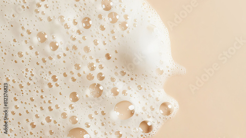 Shampoo or soap foam/suds with bubbles. Horizontal banner, template for advertising with space for text. © Maroubra Lab