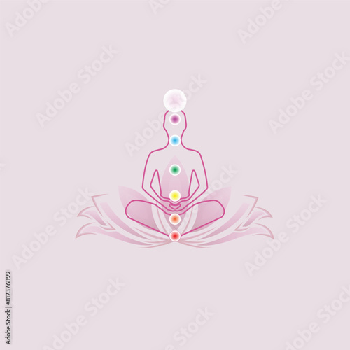 meditation logo above a lotus flower with chakra color symbols