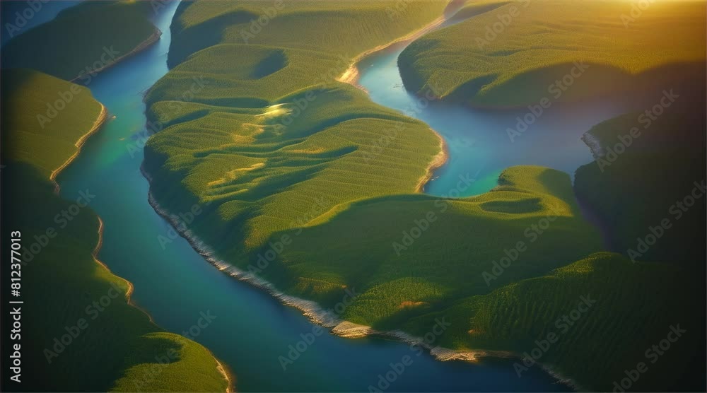 ฺBeautiful 3D map of land, river - high angle. World showing the earth surface, texture of green forest, river from above ฺBeautiful 3D map of land, river - high angle. World showing the earth surface, texture of green forest, river from above