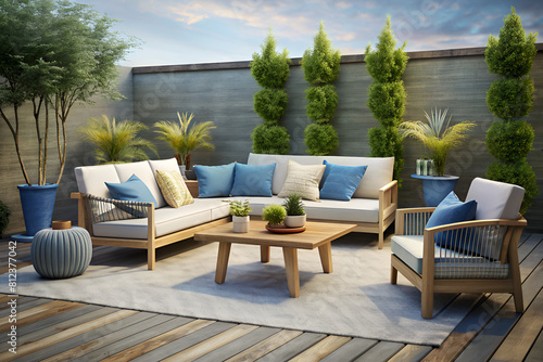 Scandinavian-inspired outdoor lounge furniture set.,