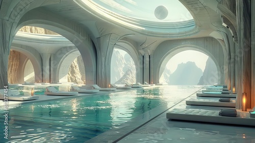 A captivating scene of a futuristic spa where all facilities are powered by serene  ambient solar energy