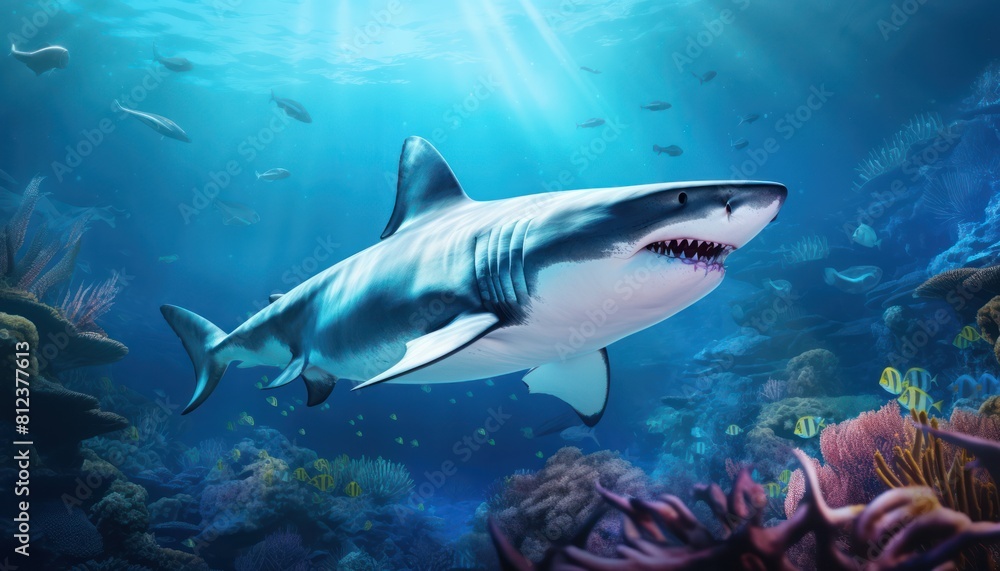 Fototapeta premium Great white shark in the ocean, portrait of White shark hunting prey in the underwater