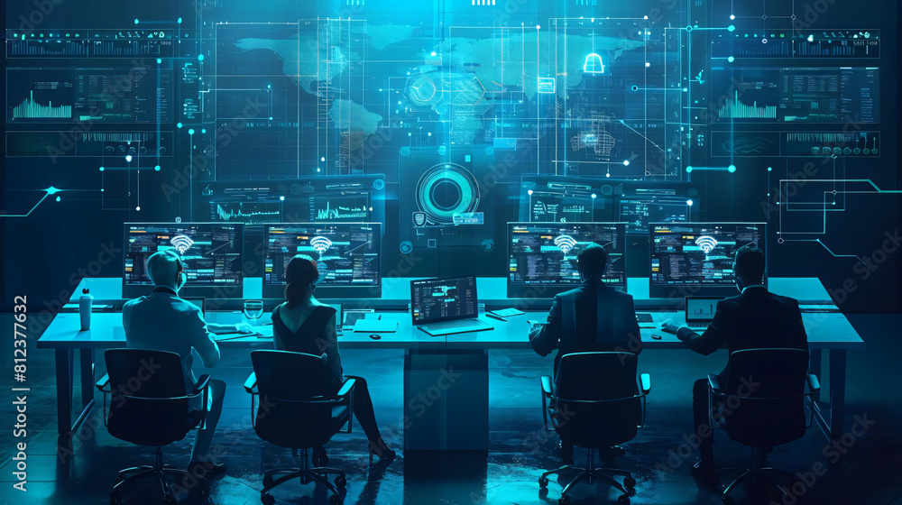A team of four cybersecurity professionals work diligently to protect their organization from a sophisticated cyberattack A team of four cybersecurity professionals work diligently to protect their organization from a sophisticated cyberattack