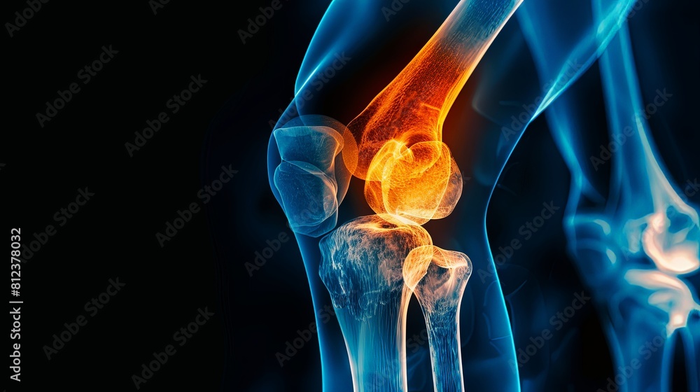 An X-ray blue of a knee with the knee joint highlighted in yellow ,MRI ...
