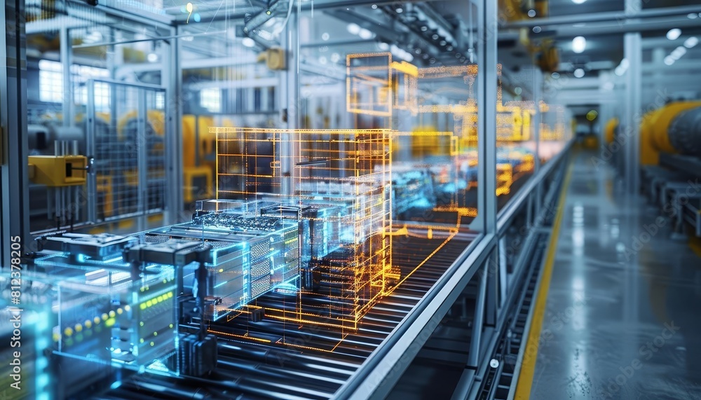 Fototapeta premium Portray a manufacturing plant where a digital twin simulates the entire production line for efficiency and error reduction