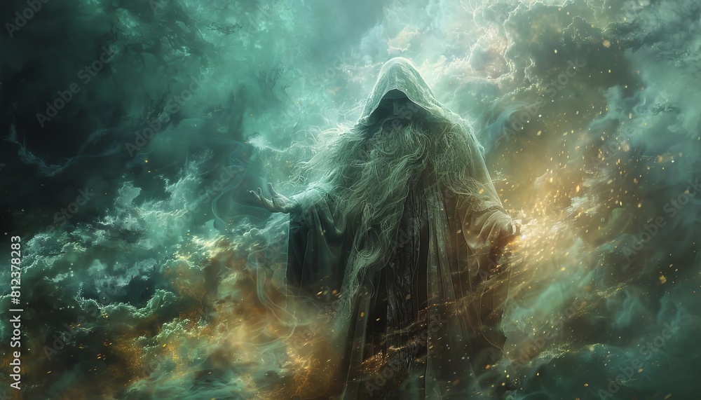 Obraz premium Portray a mystical sorcerer casting spells of enchantment, weaving together ancient incantations to shape the fabric of reality