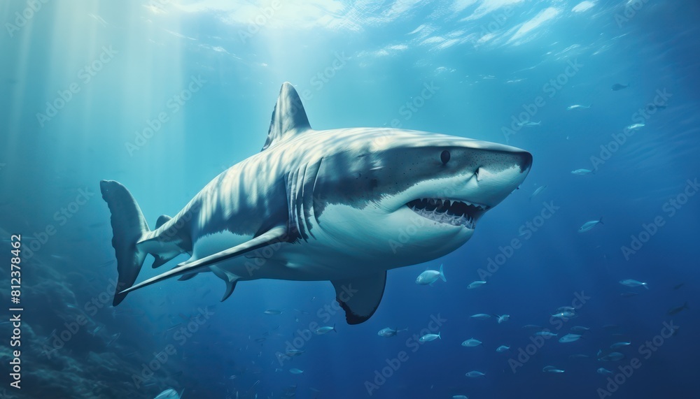 Fototapeta premium Great white shark in the ocean, portrait of White shark hunting prey in the underwater