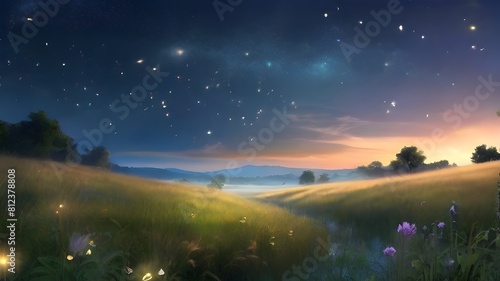   A peaceful meadow bathed in the soft glow of twilight  with fireflies dancing among the tall grasses as the stars begin to emerge overhead. 