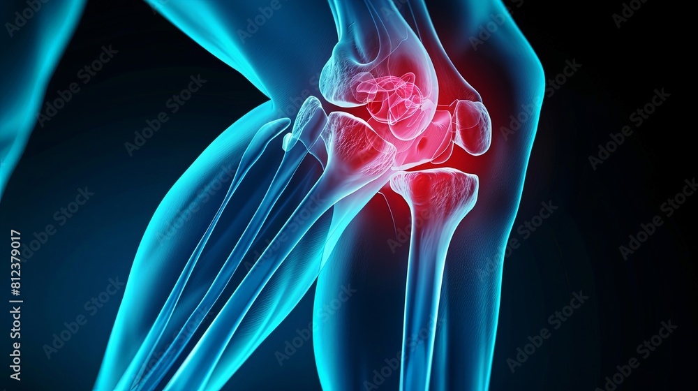 ภาพประกอบสต็อก An X-ray blue of a knee with the knee joint highlighted ...