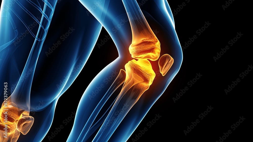 An X-ray blue of a knee with the knee joint highlighted in yellow ,MRI ...