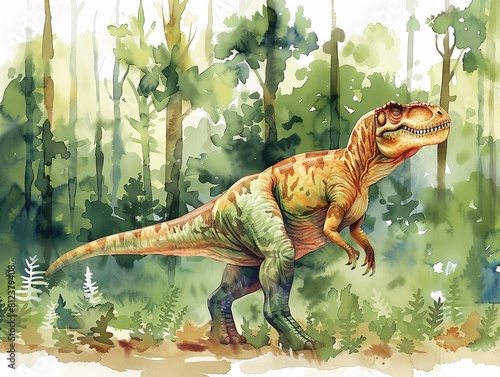 Trex walking and hunting in forest flat design top view prehistoric theme watercolor Complementary Color Scheme