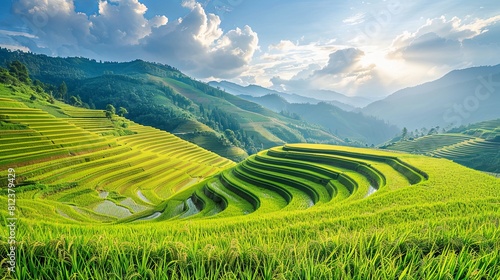 Sweeping terraced rice paddies under a dramatic sky  showcasing vibrant green hues and majestic mountains.