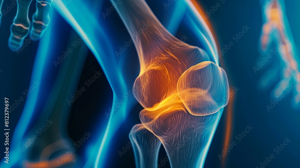 An X-ray blue of a knee with the knee joint highlighted in yellow ,MRI ...