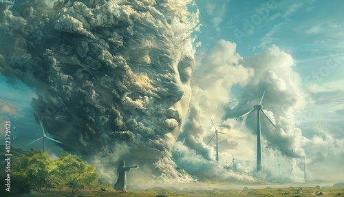A conceptual art piece showing ancient wind gods blowing wind towards modern turbines, merging mythology with technology photo