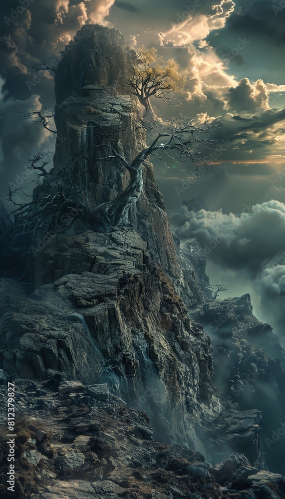 Fototapeta premium Craft a surreal world in Fear Peak, combining jagged cliffs and stormy skies, invoking a sense of dread and suspense through dramatic lighting and twisted landforms