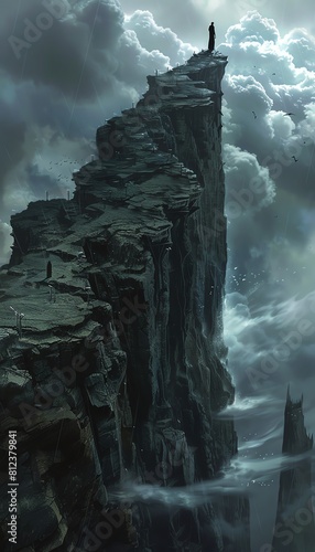 Craft a surreal world in Fear Peak, combining jagged cliffs and stormy skies, invoking a sense of dread and suspense through dramatic lighting and twisted landforms