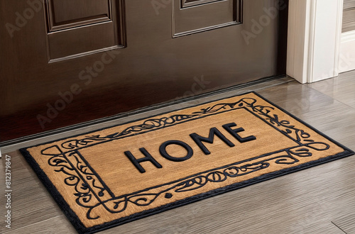 A welcome mat in front of a door that says word text HOME in the center on a wooden floor