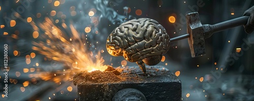 A conceptual art piece showing a brain on an anvil being forged with a hammer, sparks flying around it