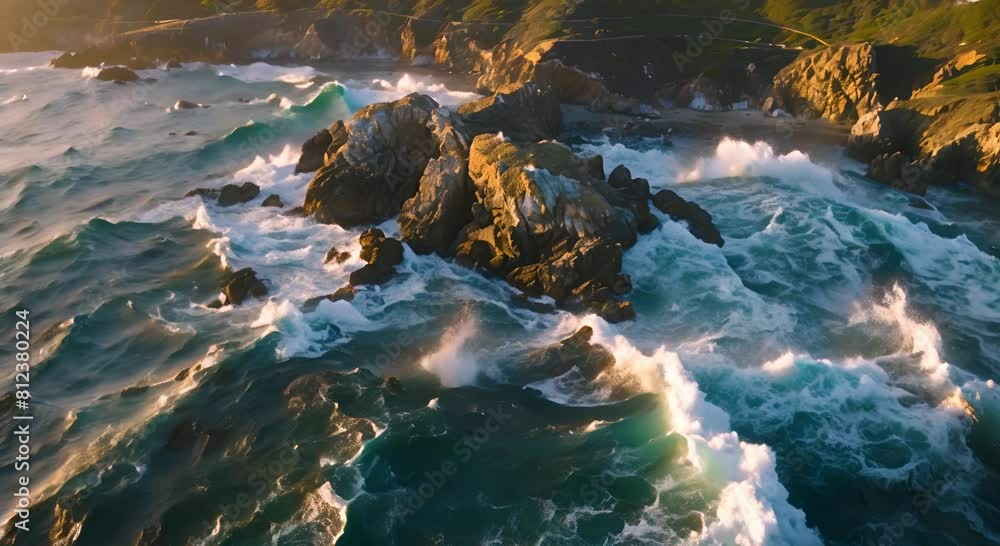 Drone view of waves crashing against steep cliffs along the coast. The crashing blue water creates white-tipped waves, while the golden light of the setting sun illuminates the rocky shore Drone view of waves crashing against steep cliffs along the coast. The crashing blue water creates white-tipped waves, while the golden light of the setting sun illuminates the rocky shore