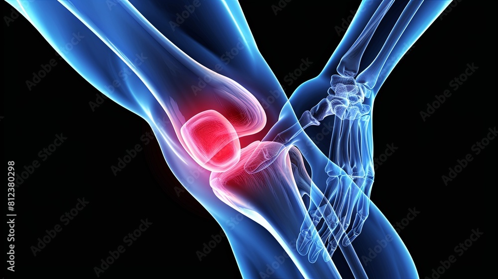 An X-ray blue of a knee with the knee joint highlighted in red ,MRI ...
