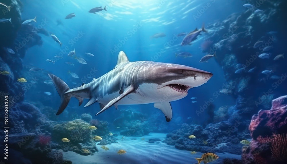 Fototapeta premium Great white shark in the ocean, portrait of White shark hunting prey in the underwater