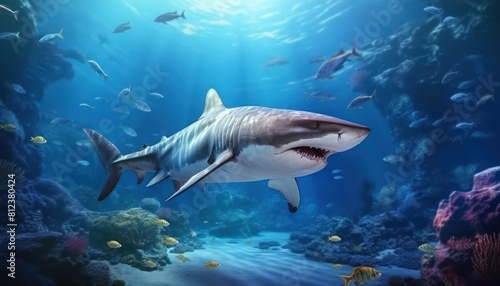 Great white shark in the ocean  portrait of White shark hunting prey in the underwater