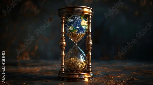 A conceptual artwork showing Earth as an hourglass, with sand representing natural resources running out