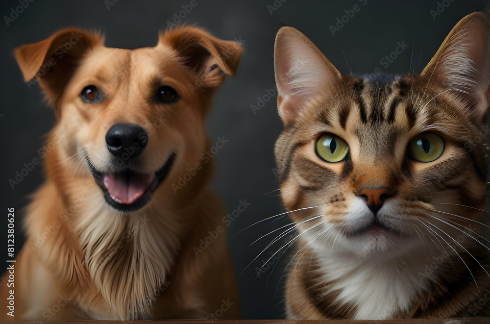 cat and dog A close-up of a dog and cat sitting side by side, looking directly into the camera with expressive eyes cat and dog A close-up of a dog and cat sitting side by side, looking directly into the camera with expressive eyes