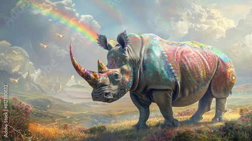 Lush  artistic rendering of a colorfully patterned rhinoceros standing under a magical rainbow in a dreamy landscape