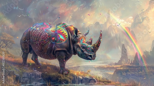 Lush  artistic rendering of a colorfully patterned rhinoceros standing under a magical rainbow in a dreamy landscape