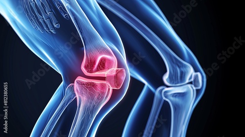 An X-ray blue of a knee with the knee joint highlighted in red ,MRI scan of a human knee joint, showing the bones and ligaments.