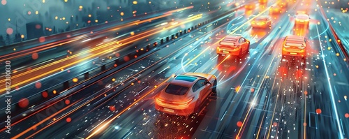 A conceptual illustration showing a network of electric cars being charged wirelessly through smart road technology