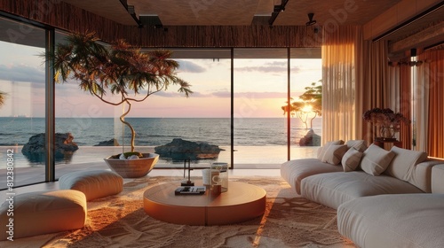 Luxurious oceanside living room with sunset and Japandi style