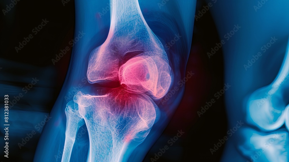 ภาพประกอบสต็อก An X-ray blue of a knee with the knee joint highlighted ...