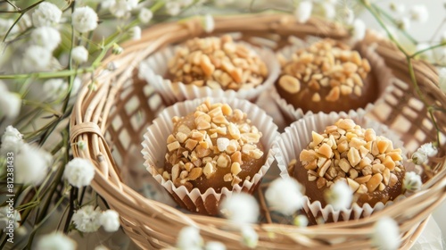 Basket of Halvah Pastries with Vanilla Caramel and Nuts in Paper Liners adorned with Gypsophila