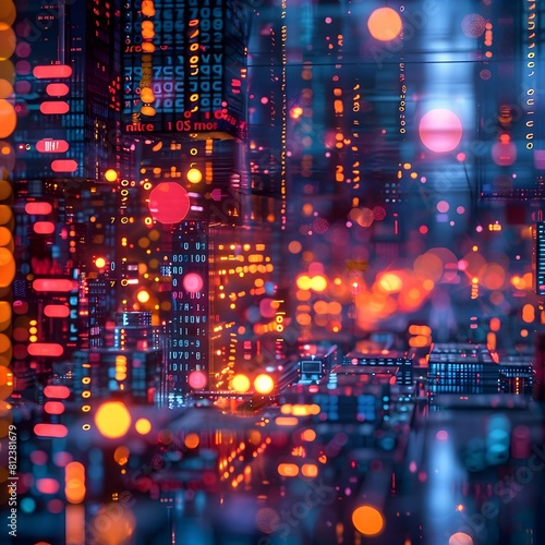 Vibrant Neon Circuits and Binary Codes Visualizing Digital Data Transfer in a Futuristic Tech City